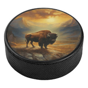 Buffalo Bison Sunset Silhouette Hockey Puck