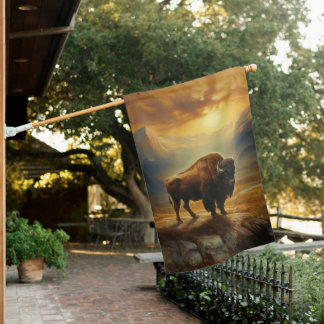 Buffalo Bison Sunset Silhouette House Flag