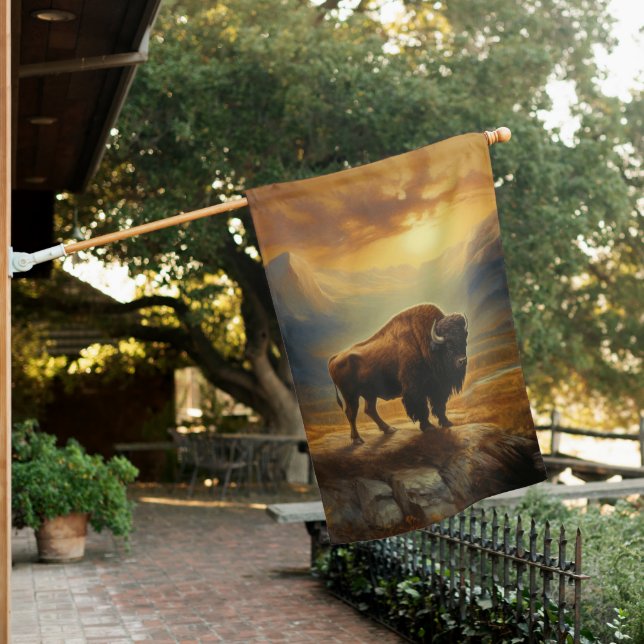 Buffalo Bison Sunset Silhouette  House Flag (In SItu)