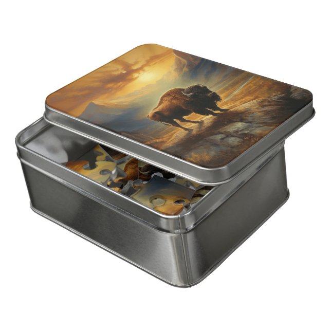 Buffalo Bison Sunset Silhouette  Jigsaw Puzzle (Lid Open)