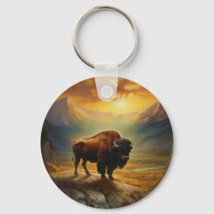 Buffalo Bison Sunset Silhouette Keychain