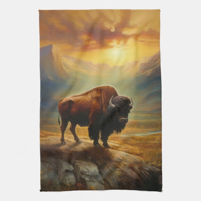 Buffalo Bison Sunset Silhouette Kitchen Towel (Vertical)