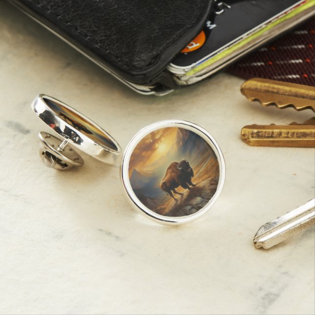 Buffalo Bison Sunset Silhouette  Lapel Pin (In Situ)