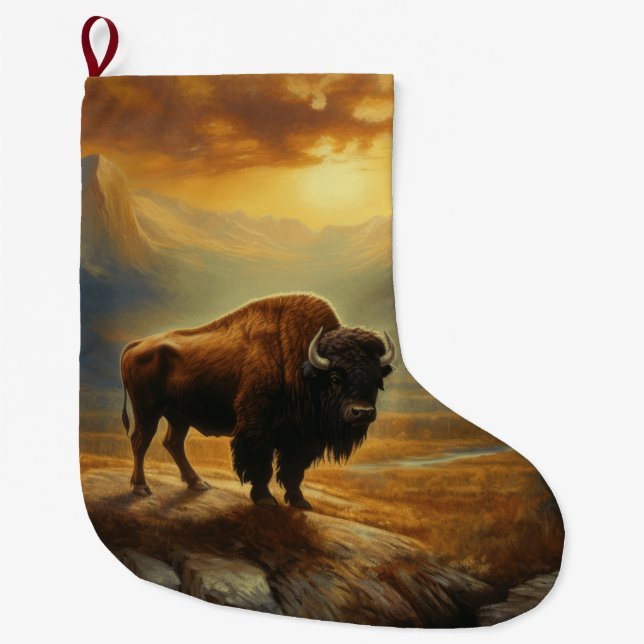 Buffalo Bison Sunset Silhouette Large Christmas Stocking (Front)