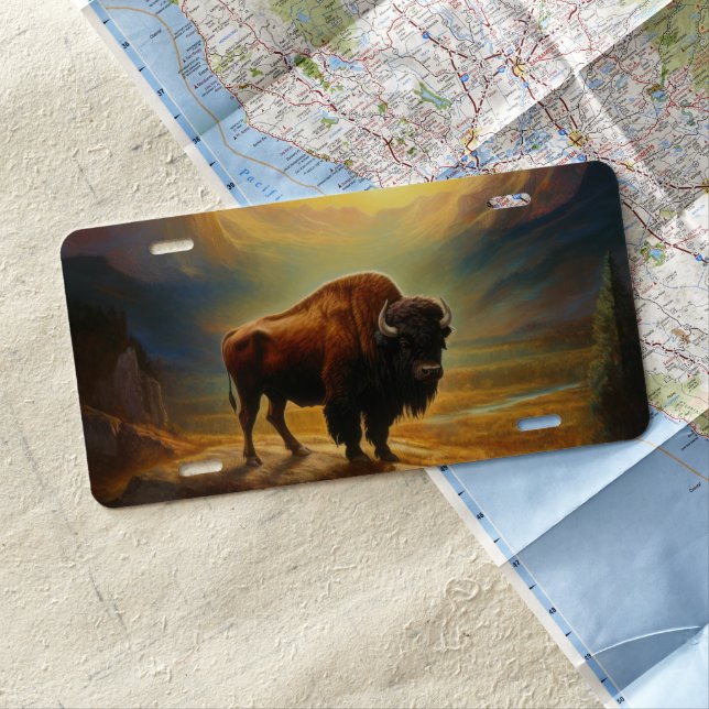 Buffalo Bison Sunset Silhouette License Plate (In Situ)