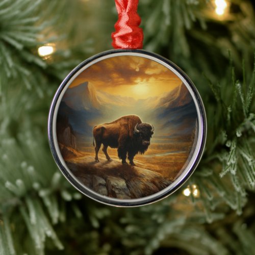 Buffalo Bison Sunset Silhouette  Metal Ornament