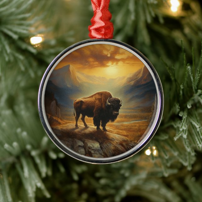 Buffalo Bison Sunset Silhouette  Metal Ornament (Tree)
