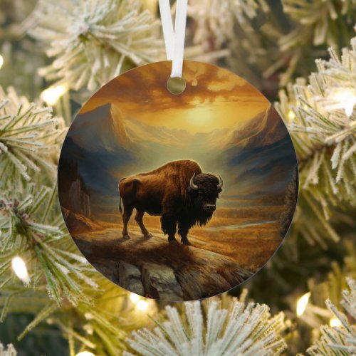 Buffalo Bison Sunset Silhouette  Metal Ornament