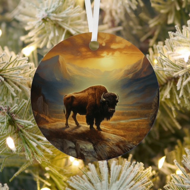 Buffalo Bison Sunset Silhouette  Metal Ornament (Insitu)