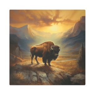 Buffalo Bison Sunset Silhouette Metal Print
