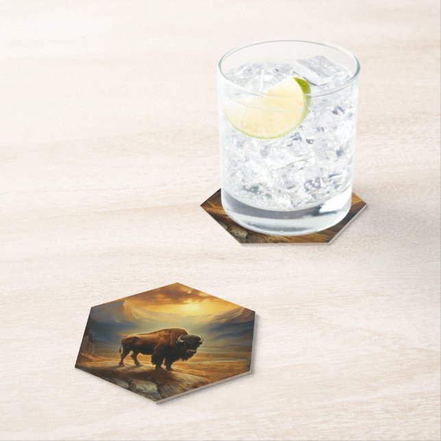 Buffalo Bison Sunset Silhouette  Paper Coaster (Insitu)
