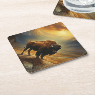 Buffalo Bison Sunset Silhouette Paper Coaster