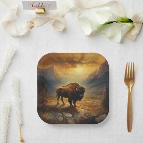 Buffalo Bison Sunset Silhouette  Paper Plates