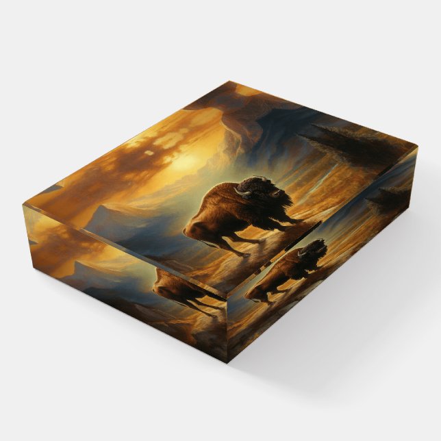Buffalo Bison Sunset Silhouette Paperweight (Angled)