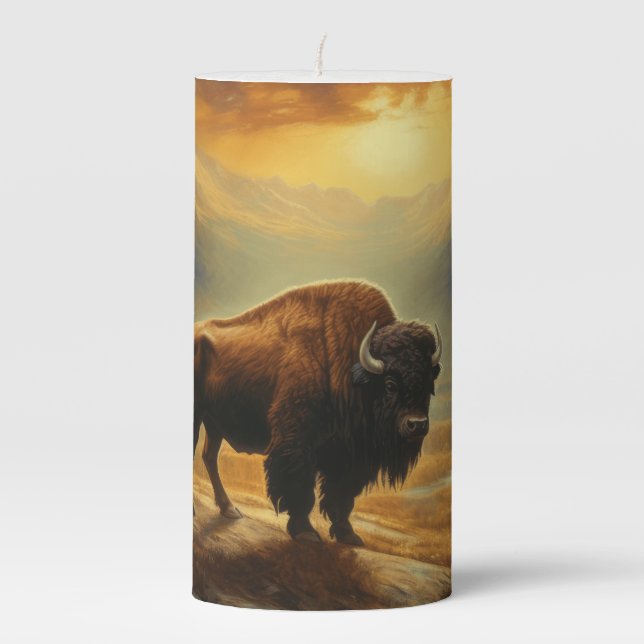 Buffalo Bison Sunset Silhouette Pillar Candle (Front)