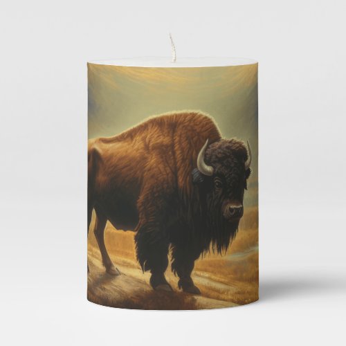 Buffalo Bison Sunset Silhouette Pillar Candle