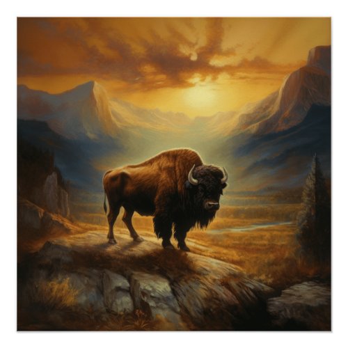 Buffalo Bison Sunset Silhouette  Poster