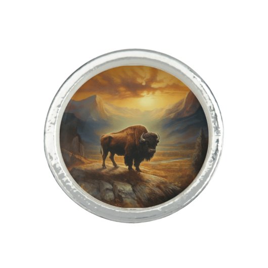 Buffalo Bison Sunset Silhouette Ring (Front)
