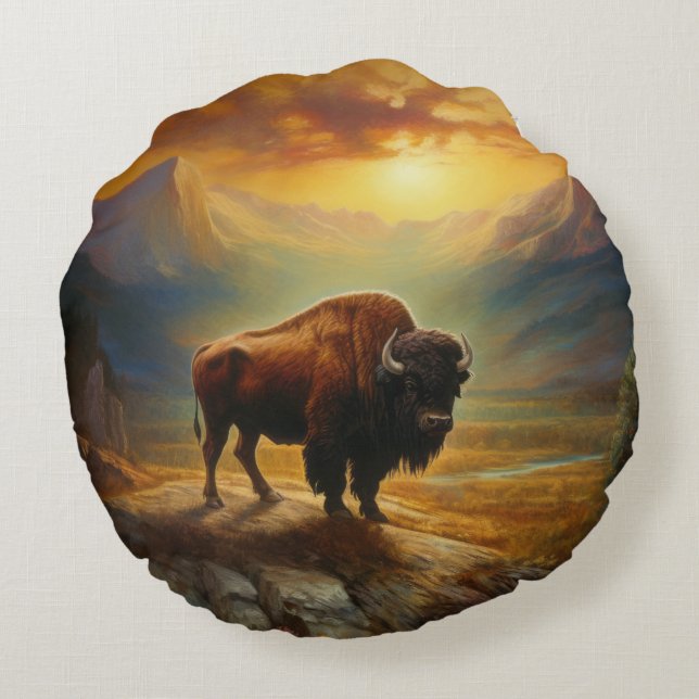 Buffalo Bison Sunset Silhouette Round Pillow (Back)