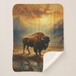 Buffalo Bison Sunset Silhouette Sherpa Blanket
