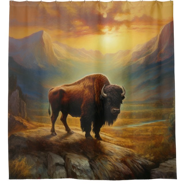 Buffalo Bison Sunset Silhouette Shower Curtain (Front)
