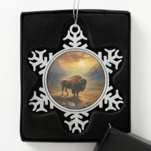 Buffalo Bison Sunset Silhouette Snowflake Pewter Christmas Ornament