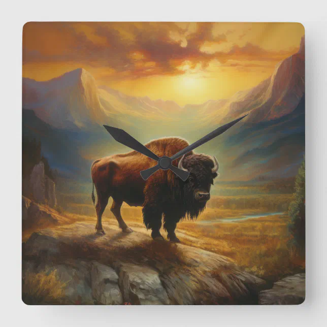 Clockwork Buffalo Buffalo Bison Sunset Silhouette Square Wall Clock | Zazzle