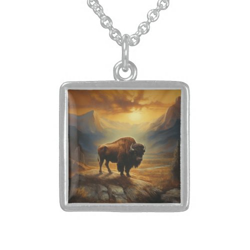 Buffalo Bison Sunset Silhouette  Sterling Silver Necklace