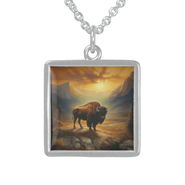 Buffalo Bison Sunset Silhouette  Sterling Silver Necklace (Front)
