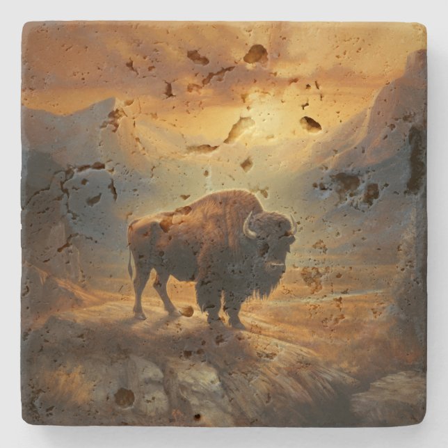 Buffalo Bison Sunset Silhouette  Stone Coaster (Front)
