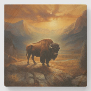 Buffalo Bison Sunset Silhouette Stone Coaster