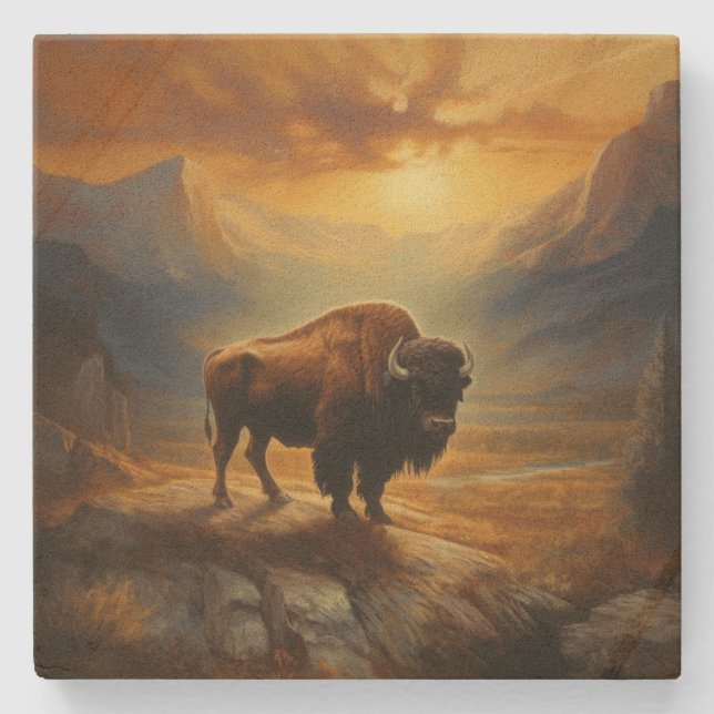 Buffalo Bison Sunset Silhouette  Stone Coaster (Front)
