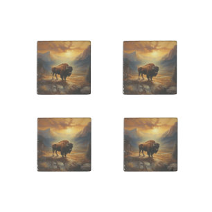 Buffalo Bison Sunset Silhouette Stone Magnet
