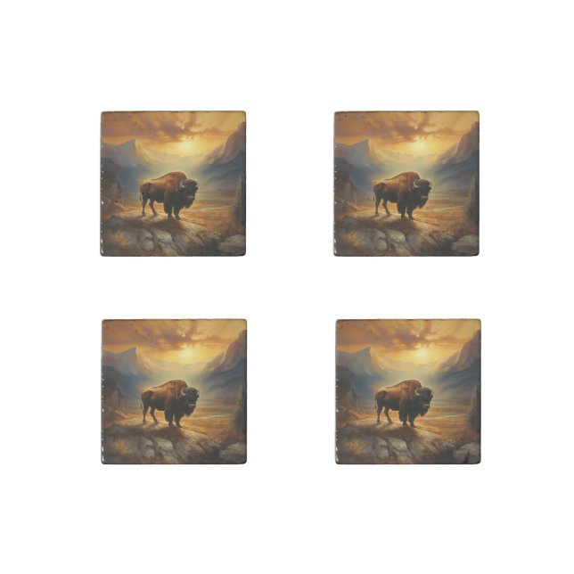 Buffalo Bison Sunset Silhouette  Stone Magnet (Front)