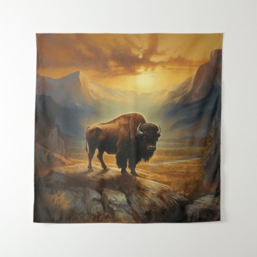 Buffalo Bison Sunset Silhouette  Tapestry