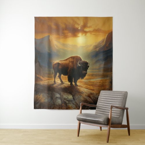 Buffalo Bison Sunset Silhouette  Tapestry