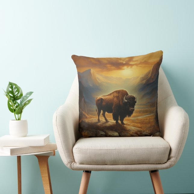 Buffalo Bison Sunset Silhouette  Throw Pillow (Chair)
