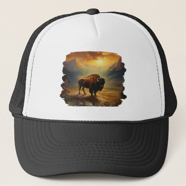Buffalo Bison Sunset Silhouette Trucker Hat (Front)