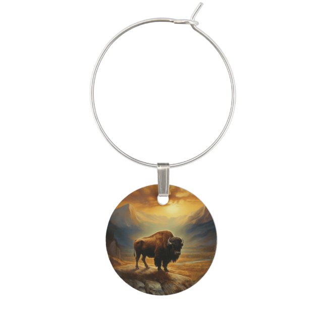 Buffalo Bison Sunset Silhouette  Wine Charm (Front)
