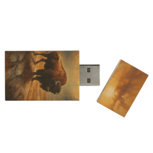 Buffalo Bison Sunset Silhouette Wood Flash Drive