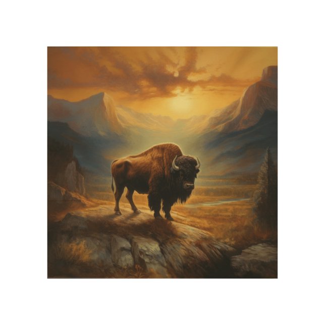 Buffalo Bison Sunset Silhouette  Wood Wall Art (Front)