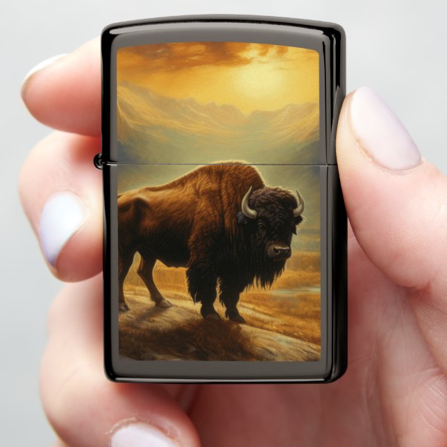 Buffalo Bison Sunset Silhouette Zippo Lighter (In Hand)