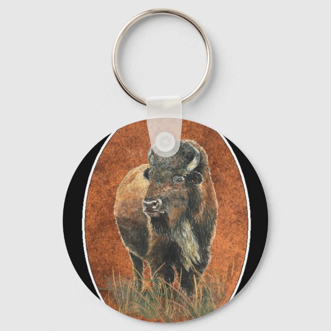 Buffalo, Bison, Tracks Watercolor Animal Keychain (Front)