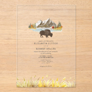 Buffalo Bison Watercolor Mountains Autumn Wedding Acrylic Invitations