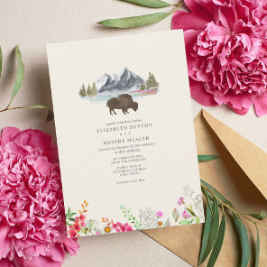 Buffalo Bison Watercolor Mountains Floral Wedding  Invitation