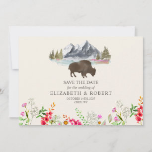 Buffalo Bison Watercolor Mountains Floral Wedding Save The Date
