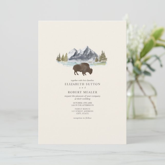 Buffalo Bison Watercolor Mountains Ranch Wedding I Invitation (Standing Front)
