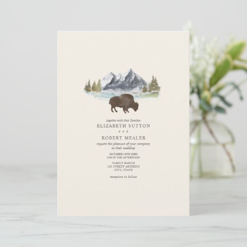 Buffalo Bison Watercolor Mountains Ranch Wedding I Invitation