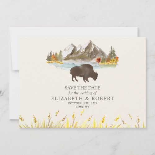 Buffalo Bison Watercolor Mountains Wedding Save The Date