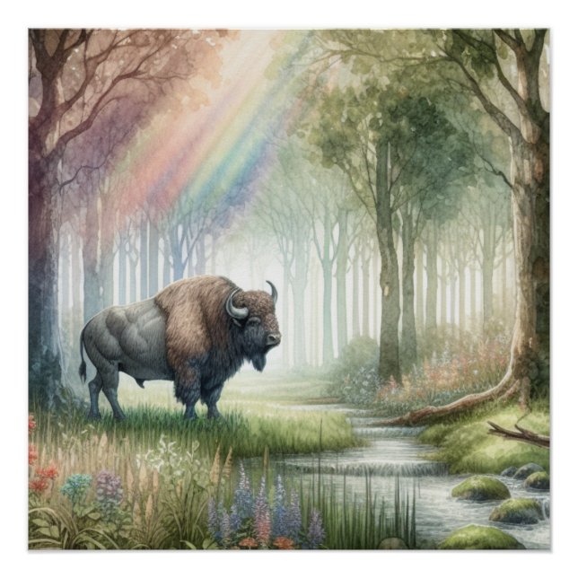 Buffalo Bison Whimsical Forest Landscape Art Poster (Front)